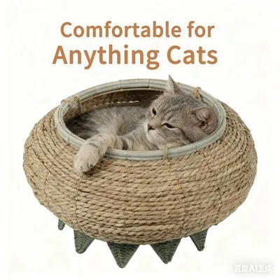 Hand-woven Round Natural Cattail Cat Bed/pet Bed factory