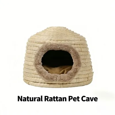 Paille natirèl-trikote Gwo Yourt-ki gen fòm Cat Cave/kabann bèt kay
